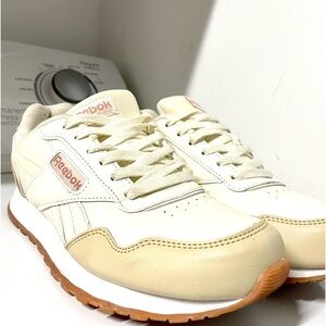 Reebok shoes, classic white and tan leather women’s Sizes 8 1/2.
